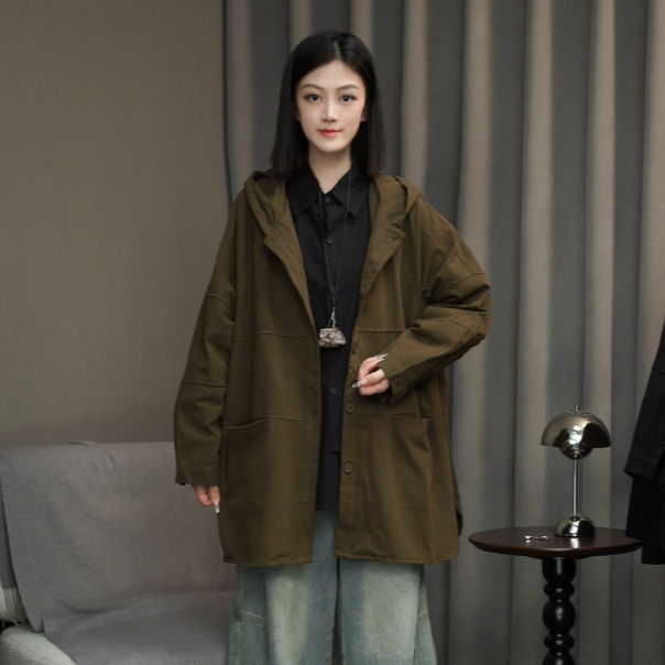 【一恬家】2025年欧韩版休闲宽松显瘦连帽风衣外套女~