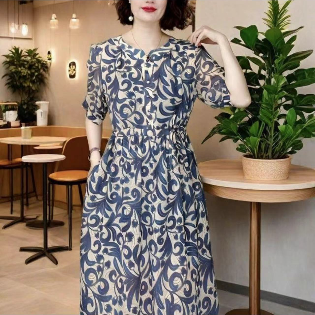 955【蓝色小碎花】高端订制连衣裙 休闲女士夏季复古宽松