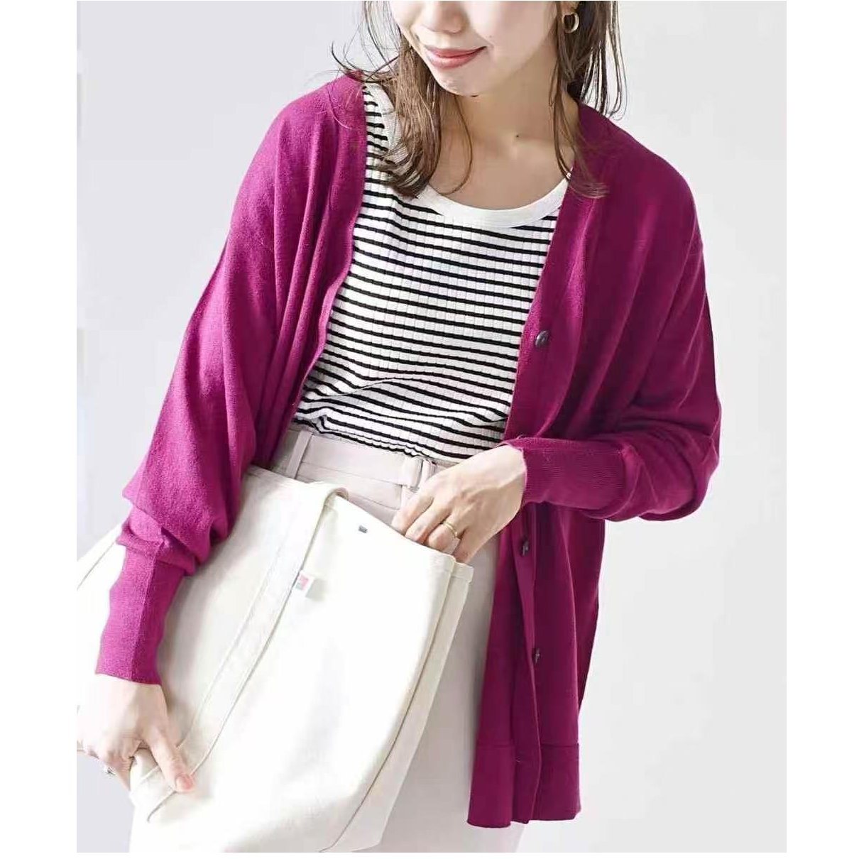 BF玫红针织开衫毛衣纯色 纯色开衫