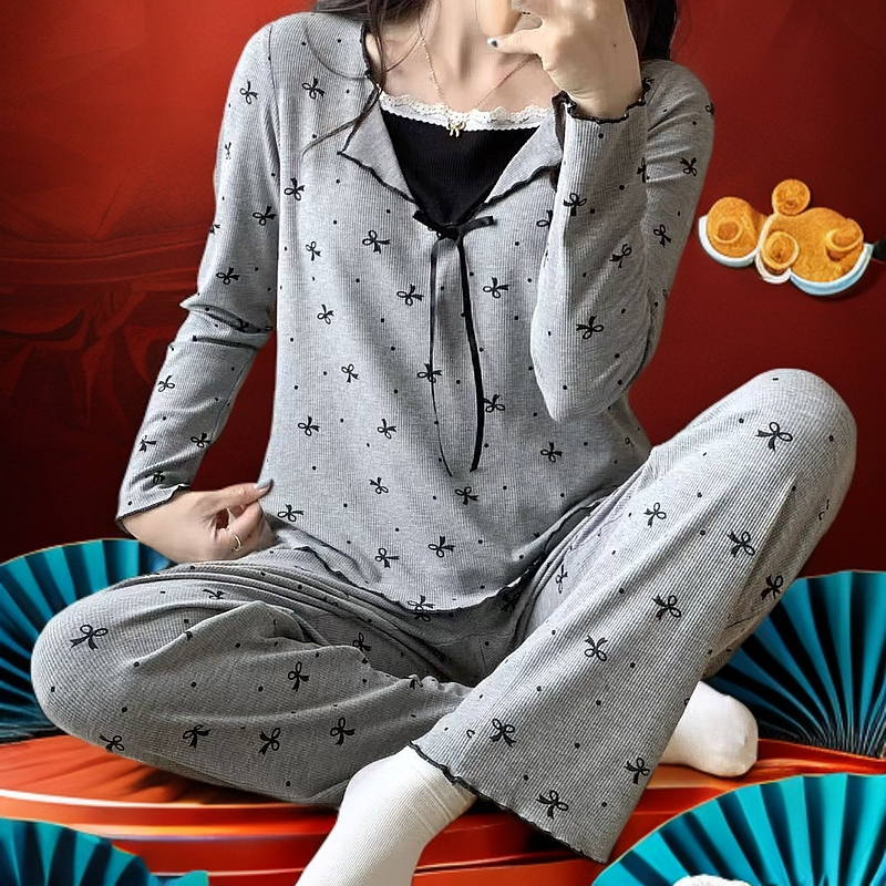 11506莫代尔棉女士睡衣秋冬带胸垫长袖女士时尚家居服睡衣女套装