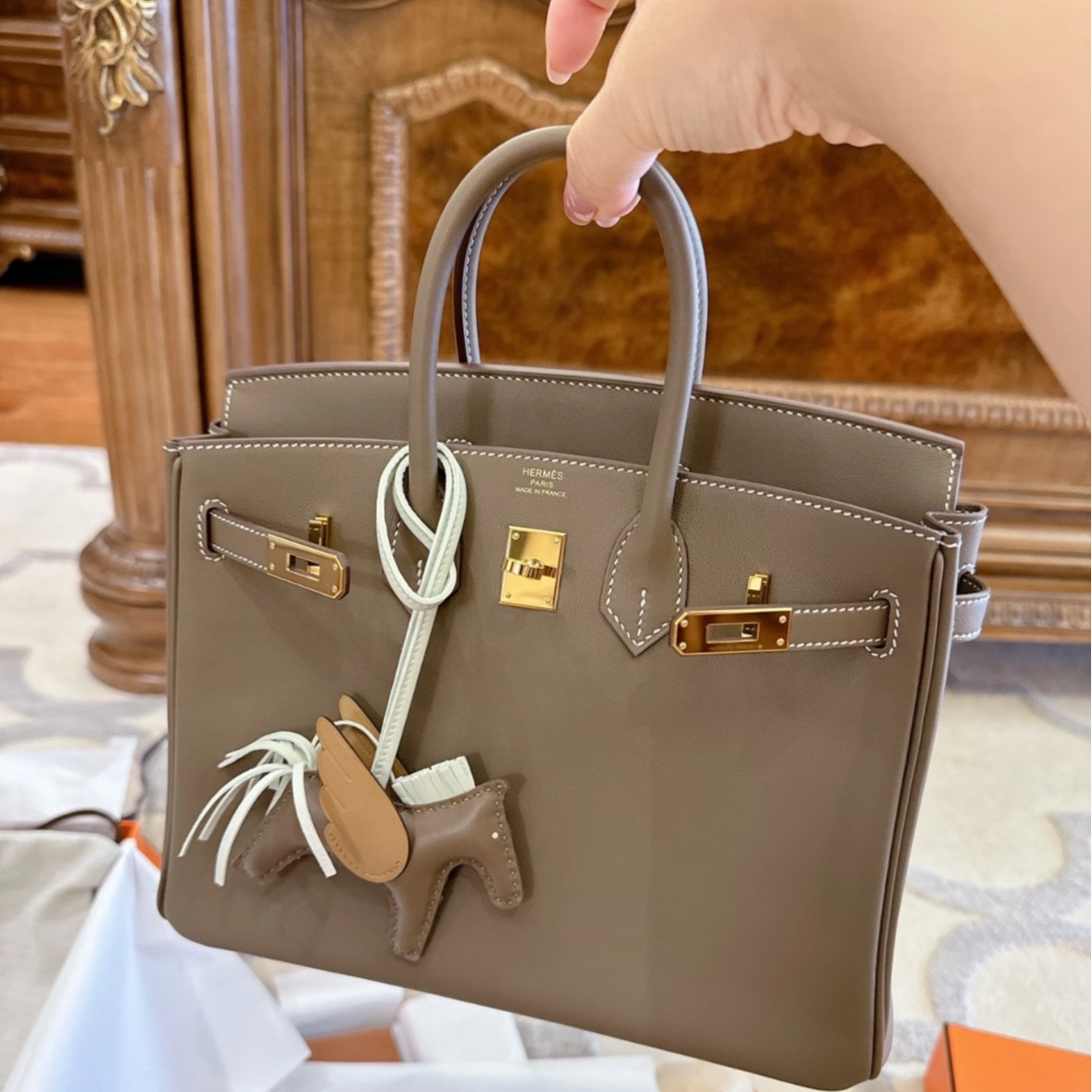 未使用 Hermes/爱马仕 小花6珊 Birkin 25 大象灰 swift皮 Y刻包