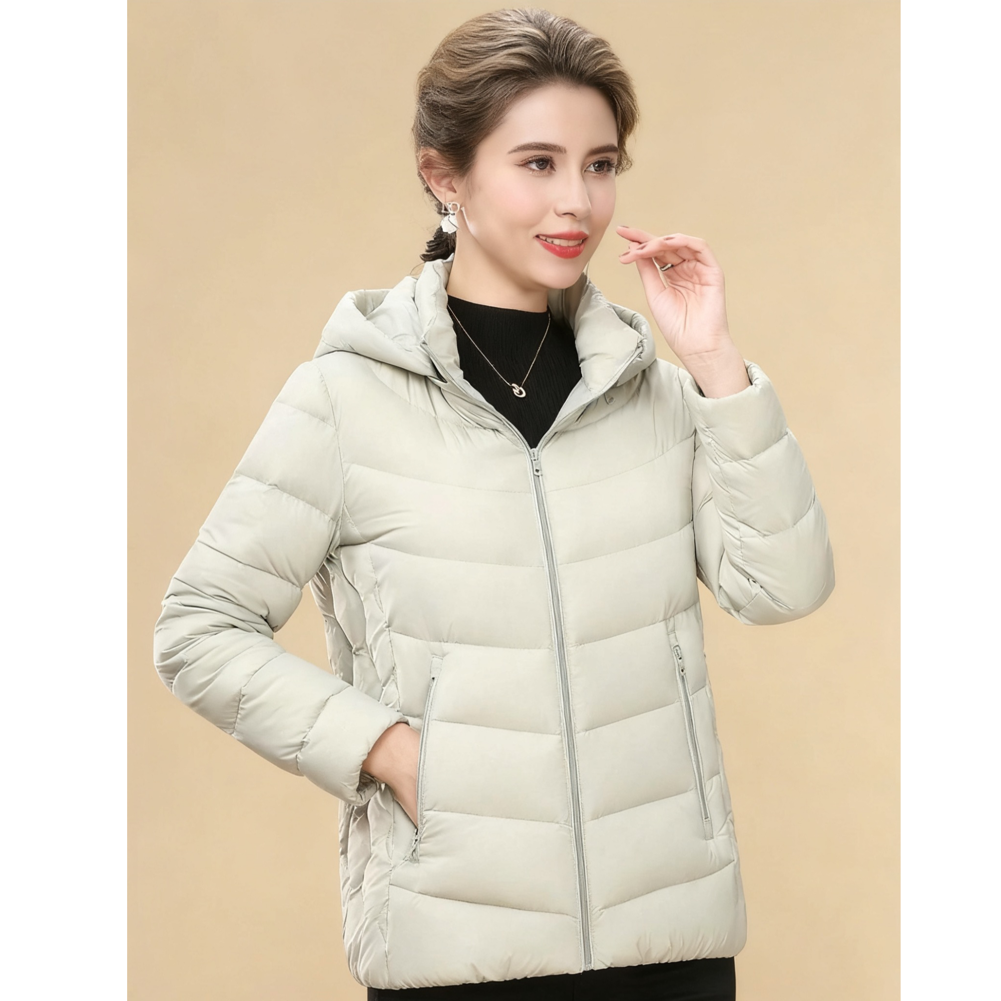 【连帽羽绒服】新款修身型薄款羽绒服连帽可拆卸女中老年妈妈款外套