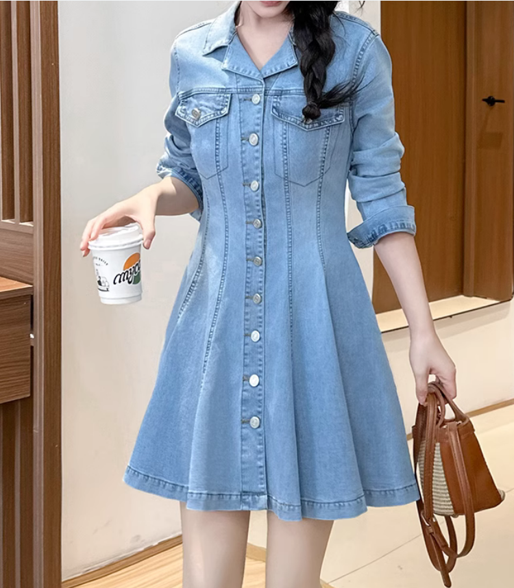 春季新款小清新翻领显瘦a字牛仔连衣裙复古百搭女单排扣短裙