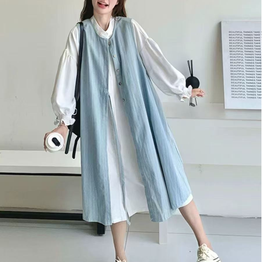 天一~日系百搭宽松长款衬衫裙牛仔长马甲99221