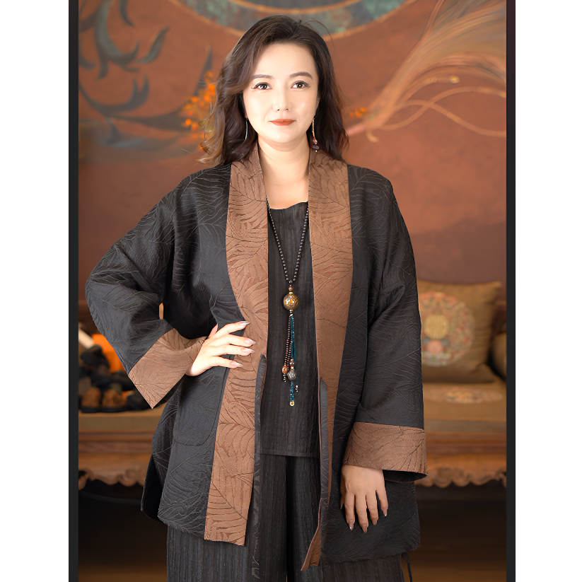 爱上莲心【黑色墨叶】丝毛袈裟 新中式老钱风复古时尚香云纱