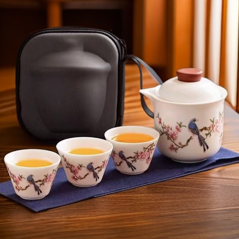 喜上眉梢旅行套加白茶盘1166高档高档家用陶瓷大容量茶杯手绘大号