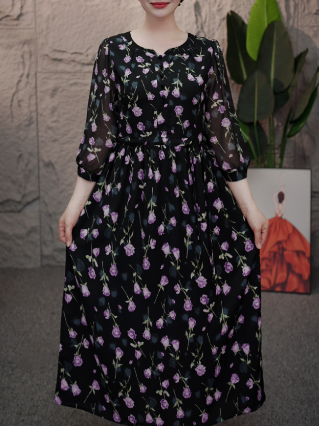 H-5020新款V领女人花色洋气时尚中长款优雅气质连衣裙