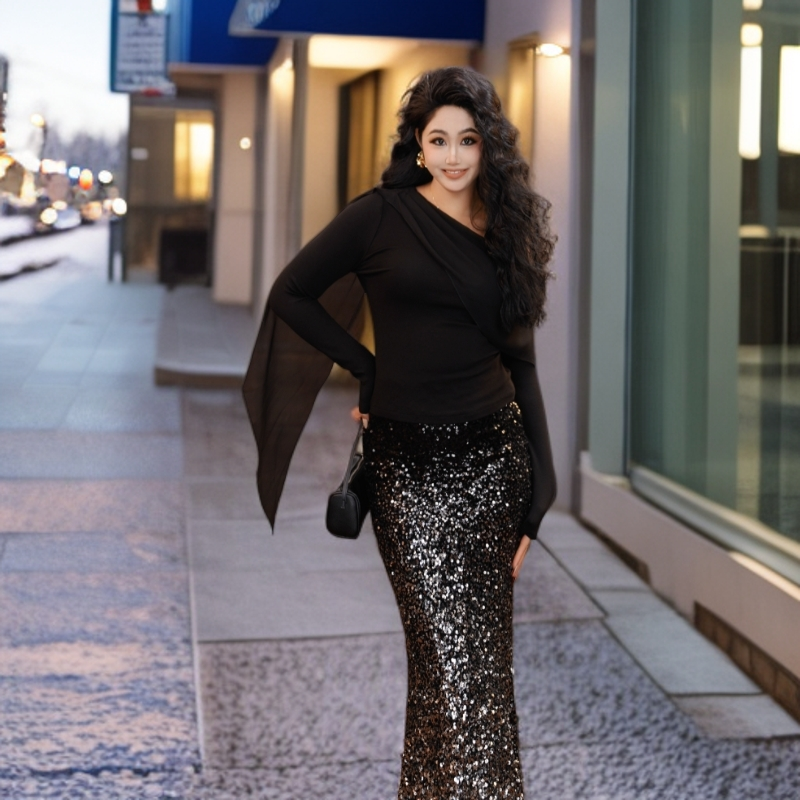 星云里微胖服饰｜摇曳生姿｜微胖轻奢气质披肩上衣爆闪半裙