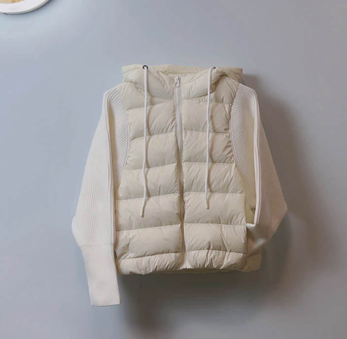 欧货针织拼接羽绒服女短款显瘦蝙蝠袖连帽宽松薄款外套百搭纯色
