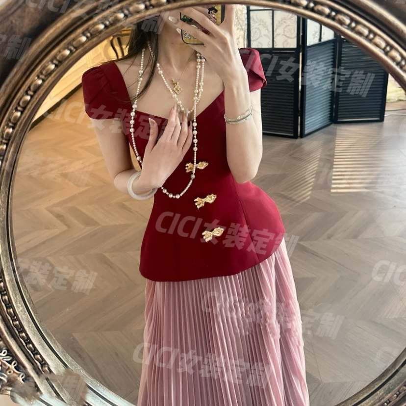 高级感气质绝美收腰上衣高腰半身裙两件套女夏季新款法式时尚套装