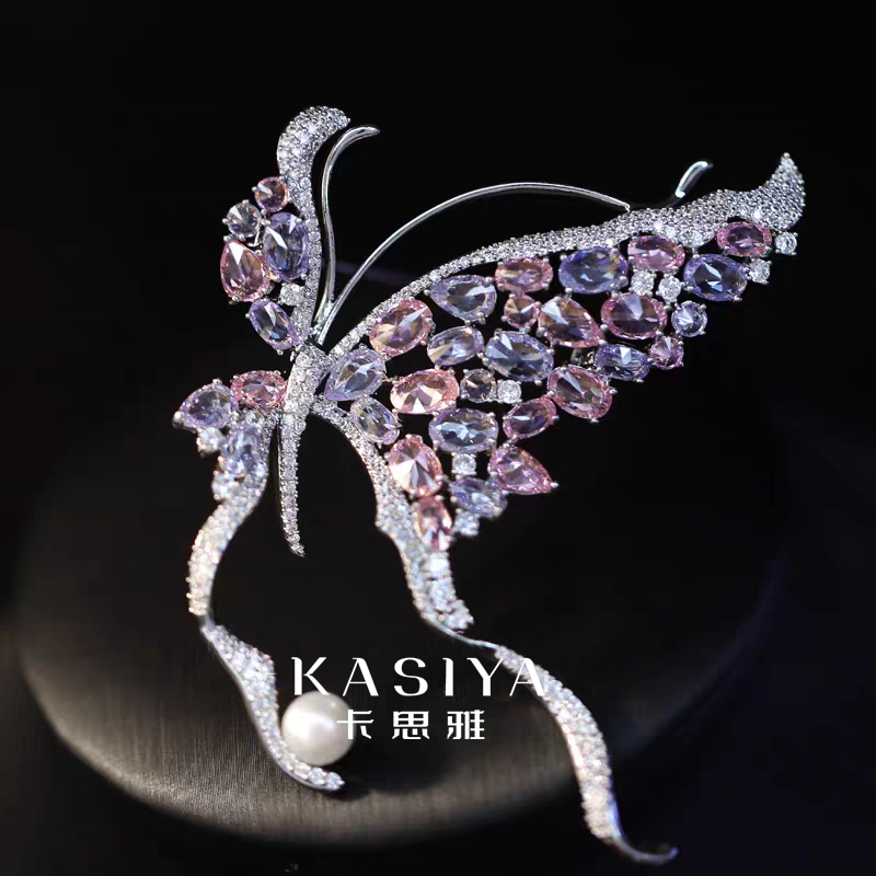 kasiya/卡思雅 铜合金锆石胸针 紫雾色蝴蝶胸针百搭款