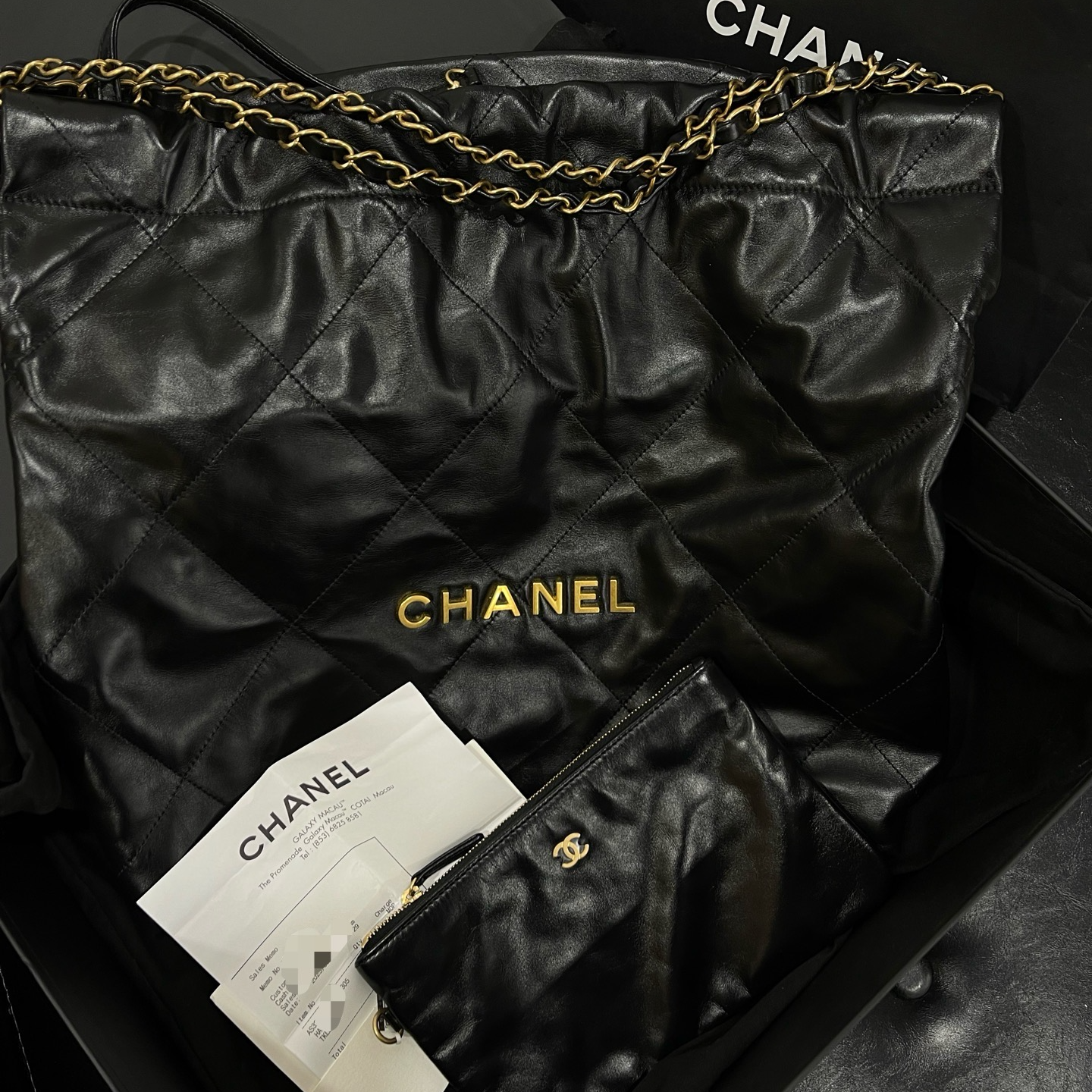 未使用 Chanel/香奈儿 22bag 黑金中号 垃圾袋单肩斜跨包大全套