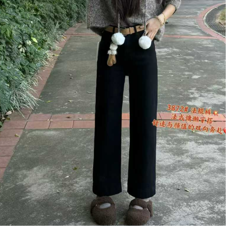 冬季新款韩版气质高腰显瘦显腿长加绒时尚百搭直筒牛仔裤3872-1