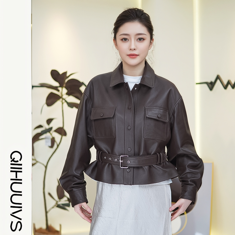 明星同款宽松春季系带标准修身型上衣短外套女装复古港风皮衣