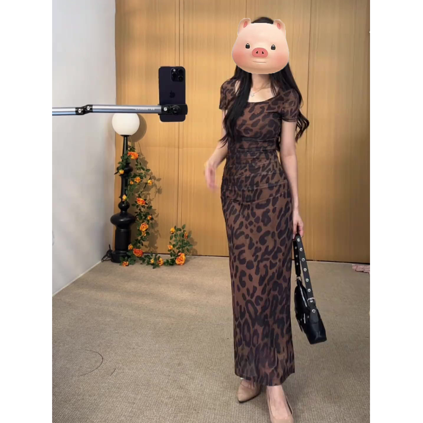 新款百搭复古短袖连衣裙显瘦包臀裙夏季豹纹连衣裙