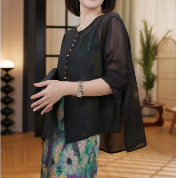 【缤纷仲夏】乔其纱夏季轻薄时尚气质百搭宽松设计感防晒彩扣开衫