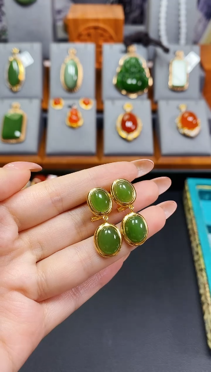 银S925镶嵌和田玉耳环碧玉蛋面耳夹耳环