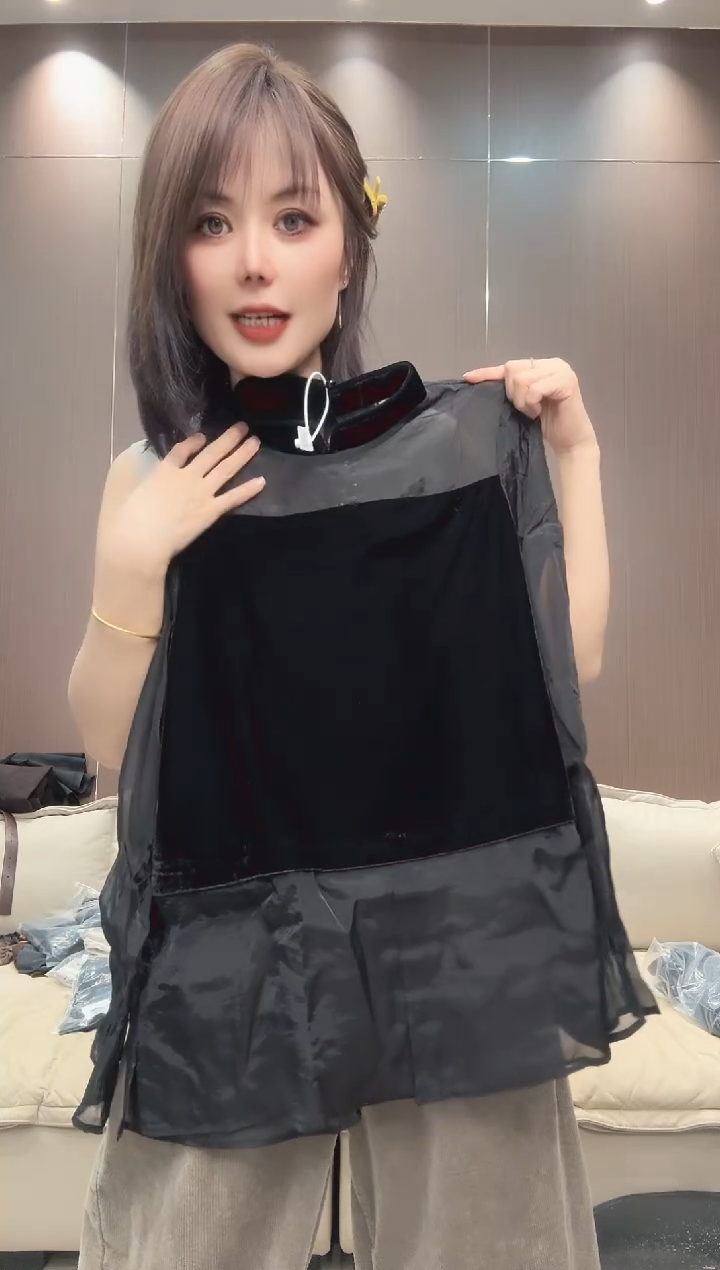 拼接欧根纱黑色S码