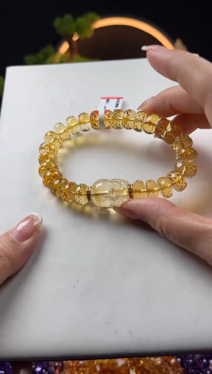 【闪购商品】黄晶手链未镶嵌天然黄水晶算盘切面搭貔貅手串11mm