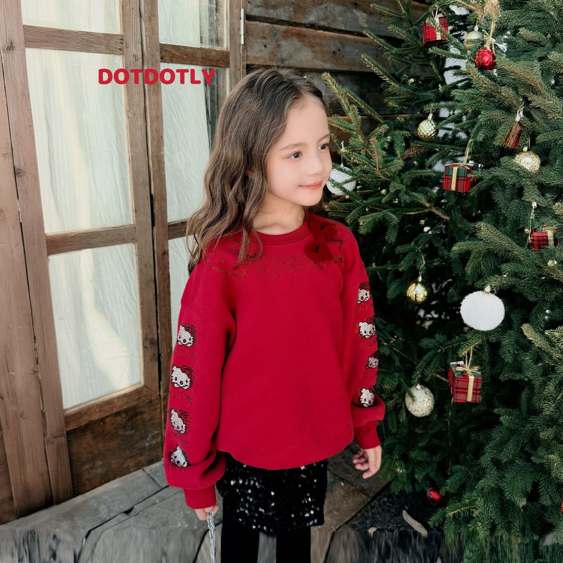 女童加绒加厚冬季新中大童kt猫立体蝴蝶结红色圣诞年款卫衣255107