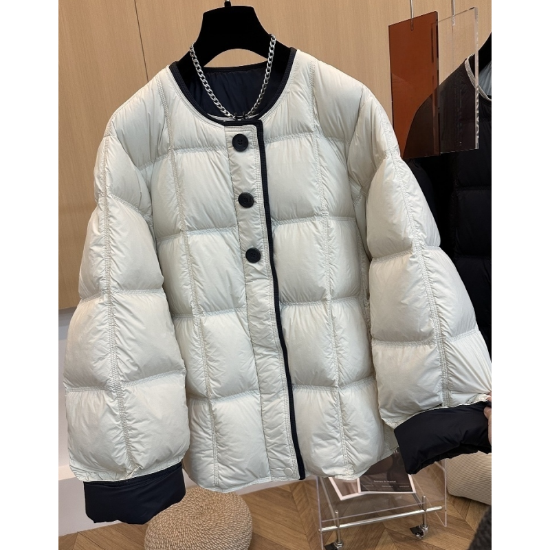 高端欧货冬款高级感拼色时尚宽松圆领磁吸扣面包服外套女棉衣棉服