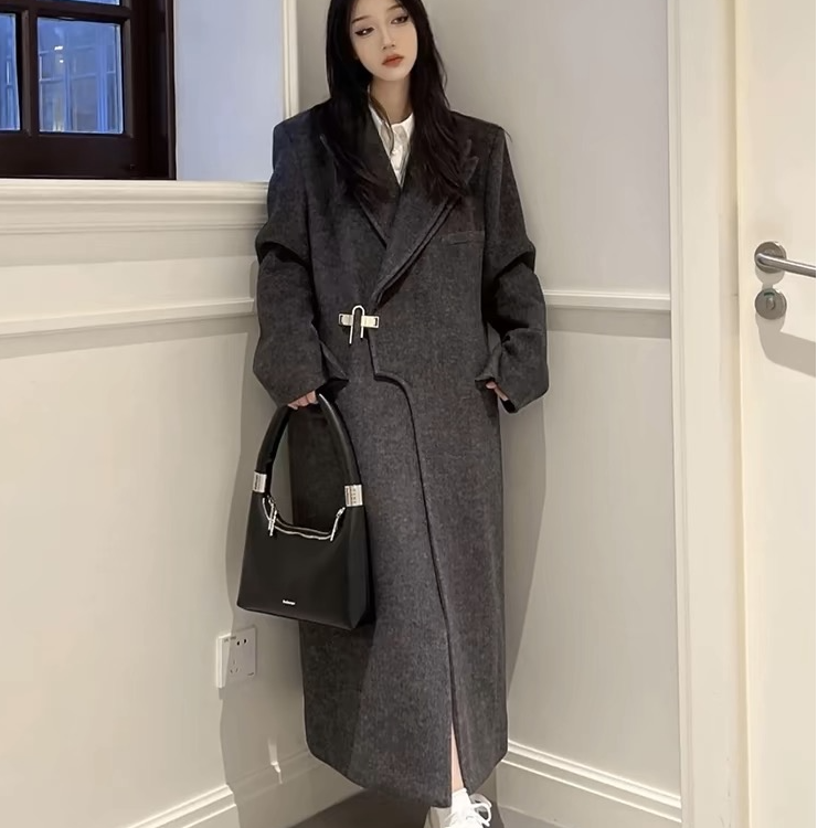通勤中长款长款秋冬印花毛呢外套黑色外套网红时尚西装