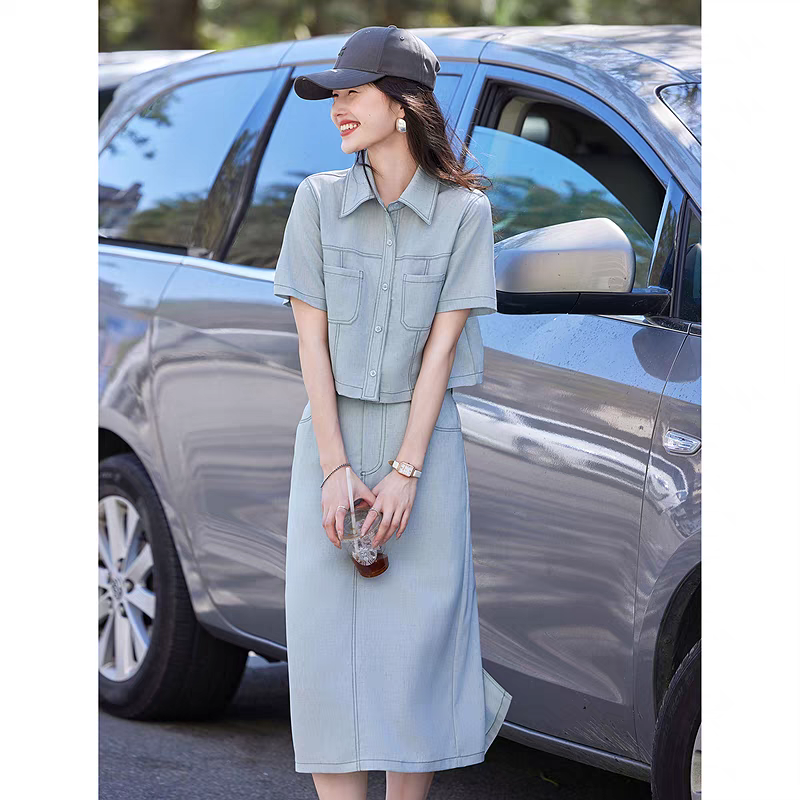 夏季新款翻领短袖+半身裙两件套休闲套装1755