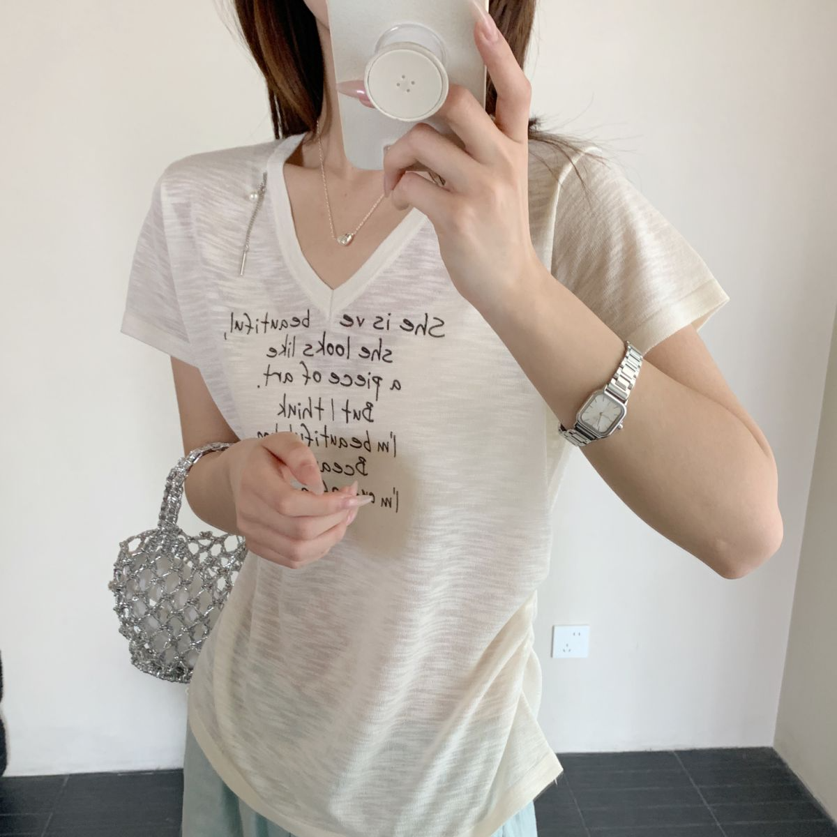 【素简.680189】夏季新款竹节麻抽绳字母短袖洋气女装针织衫