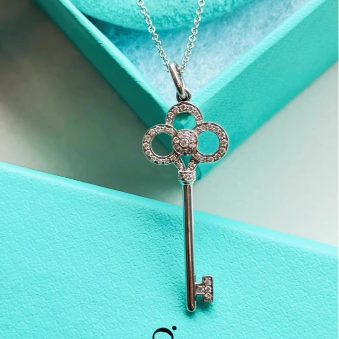 99新 Tiffany & Co./蒂芙尼 小花6珊 皇冠钥匙 半钻项链 18K白金