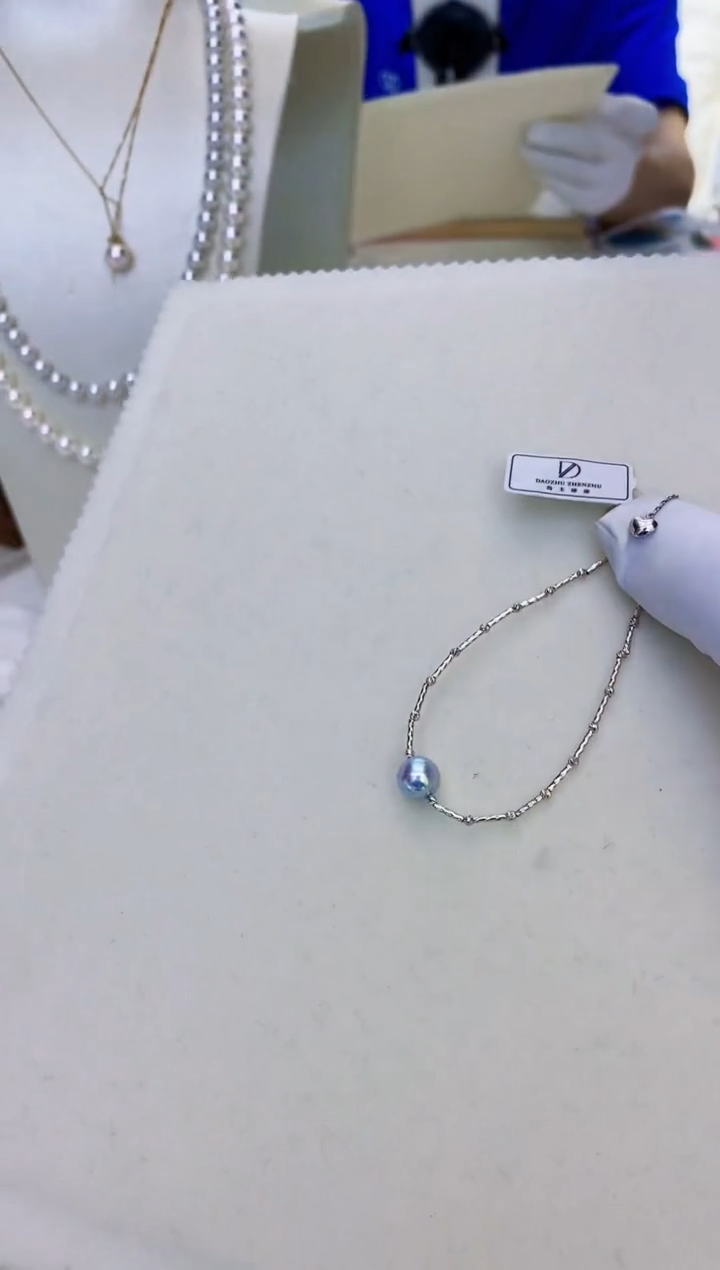 18K金镶嵌海水珍珠饰品8-9真多麻色单珠竹节款手链