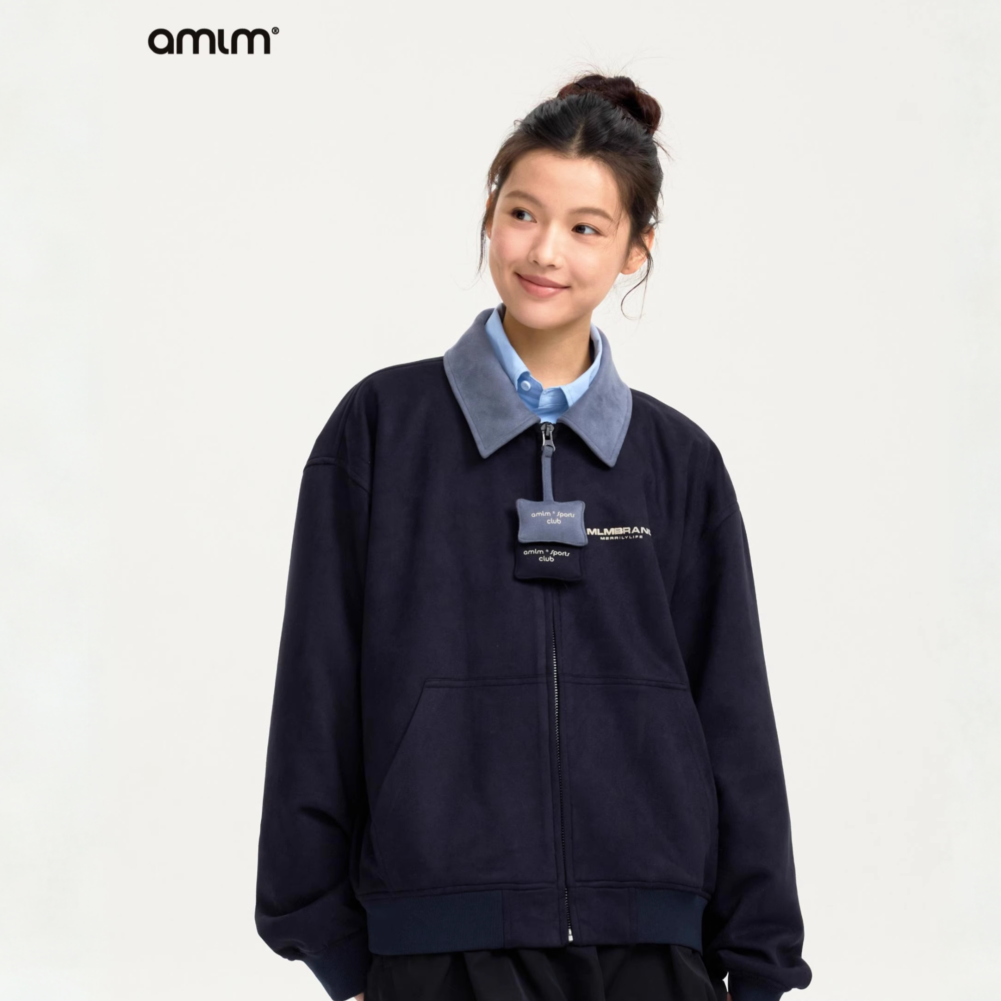 AMLM 美式复古麂皮翻领夹克小枕头装饰开衫设计春秋时尚情侣外套
