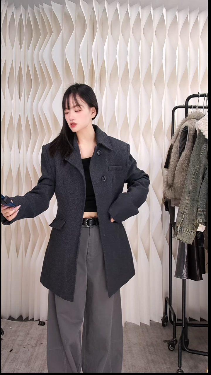 灰色复古夹棉西装大衣外套秋冬中长款直筒半身s码