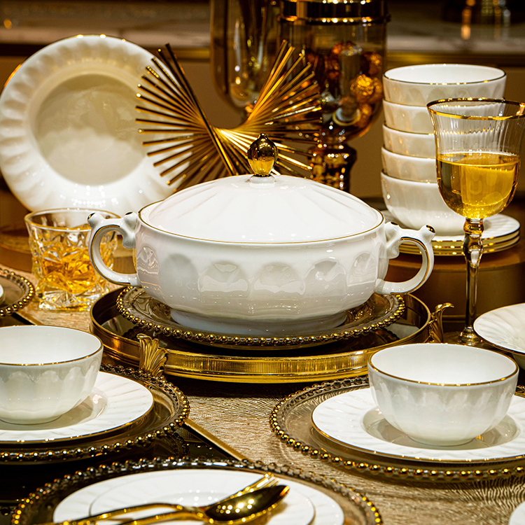 景德镇餐具高档纯白金边高颜值碗盘乔迁送礼白瓷碗碟套装家用轻奢