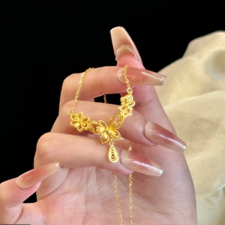 铜合金项链 新中式国风蝴蝶生花项链女款时尚精致简约花嫁锁骨链