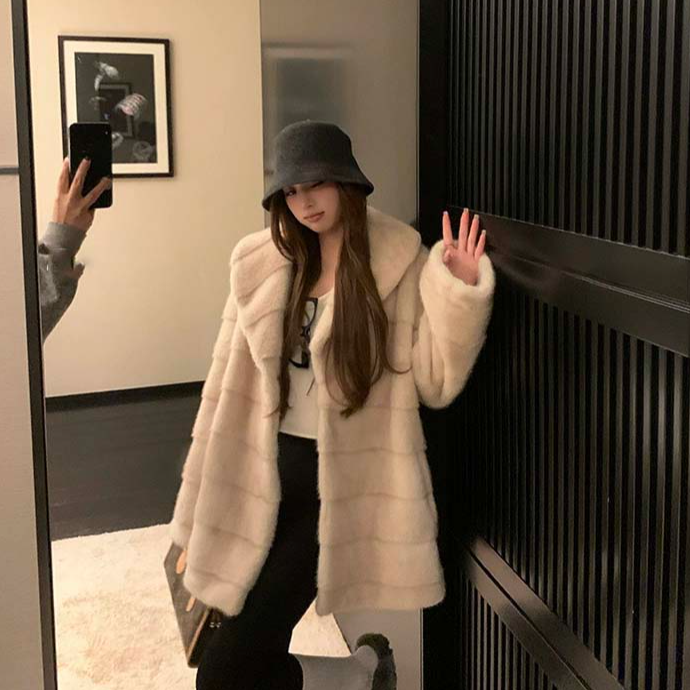 人造皮草 海宁源头工厂横条纹仿貂大翻领以假乱真毛毛外套