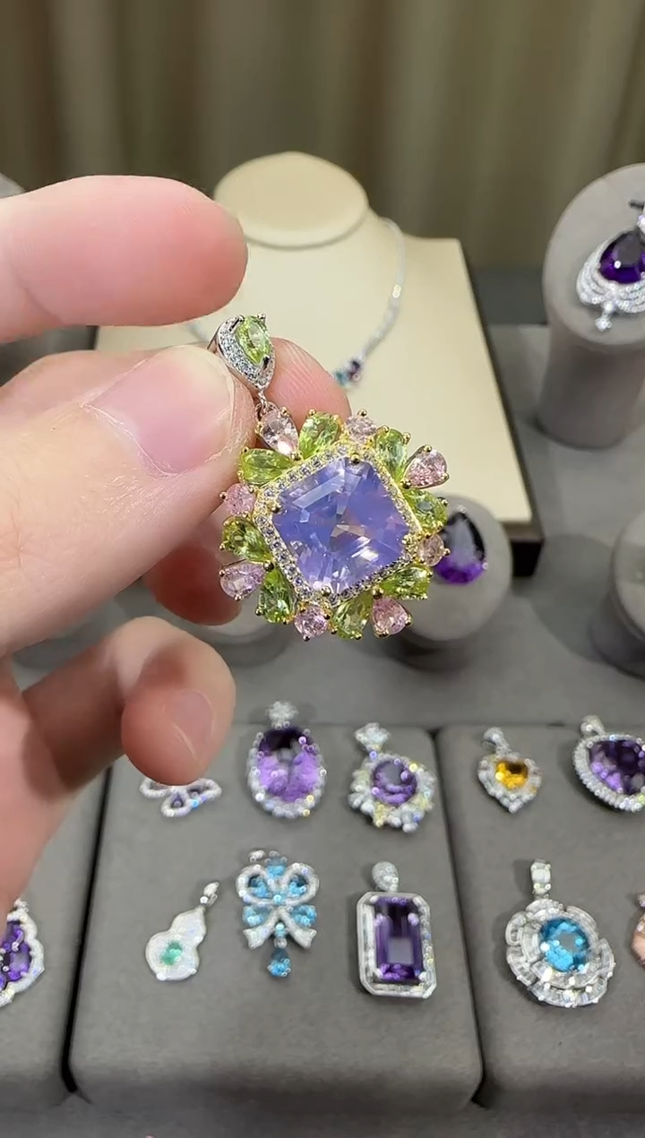 颈饰银S925镶嵌水晶10mm吊坠薰衣草设计款