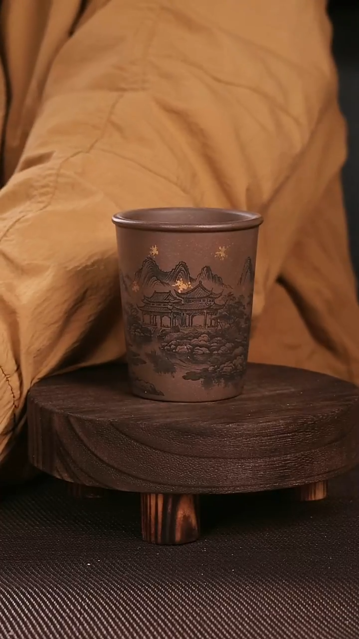 茶杯紫砂紫砂刻绘主人杯山水小可乐杯