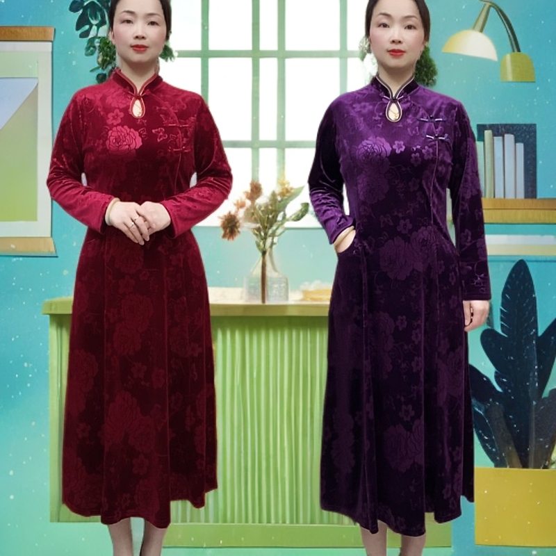 高档新款春秋季长袖改良旗袍显瘦妈妈装新中式中国风提花婚礼礼服