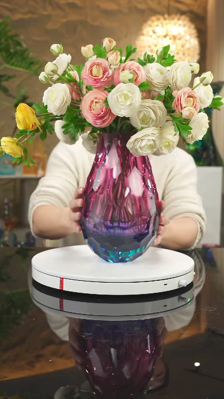 【闪购商品】摆件金红蓝凹切面花瓶大号带底座