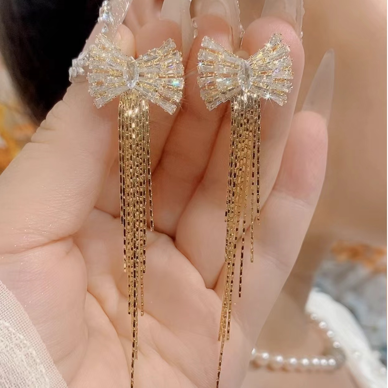 铜合金合成锆石耳饰 气质轻奢时尚百搭小众简约长款精致E43