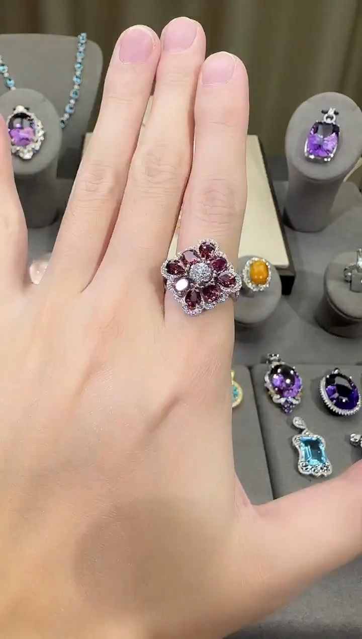 银S925镶嵌戒指石榴石20mm戒指繁花设计款