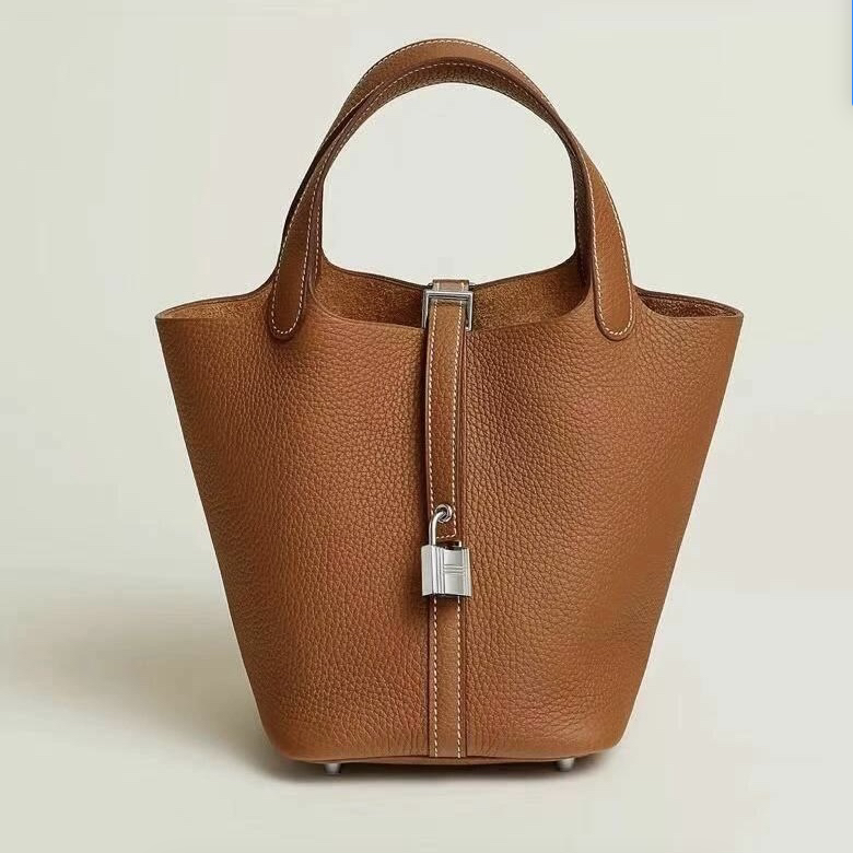 99新 Hermes/爱马仕 菜篮子18金棕银扣tc皮d手提包