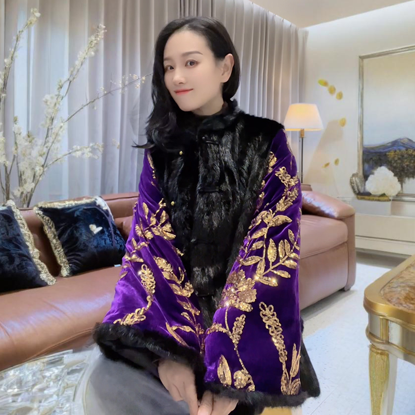 诺谰【亮片羽绒袖+水貂毛】貂皮大衣女款喇叭袖中长款皮草外套23021