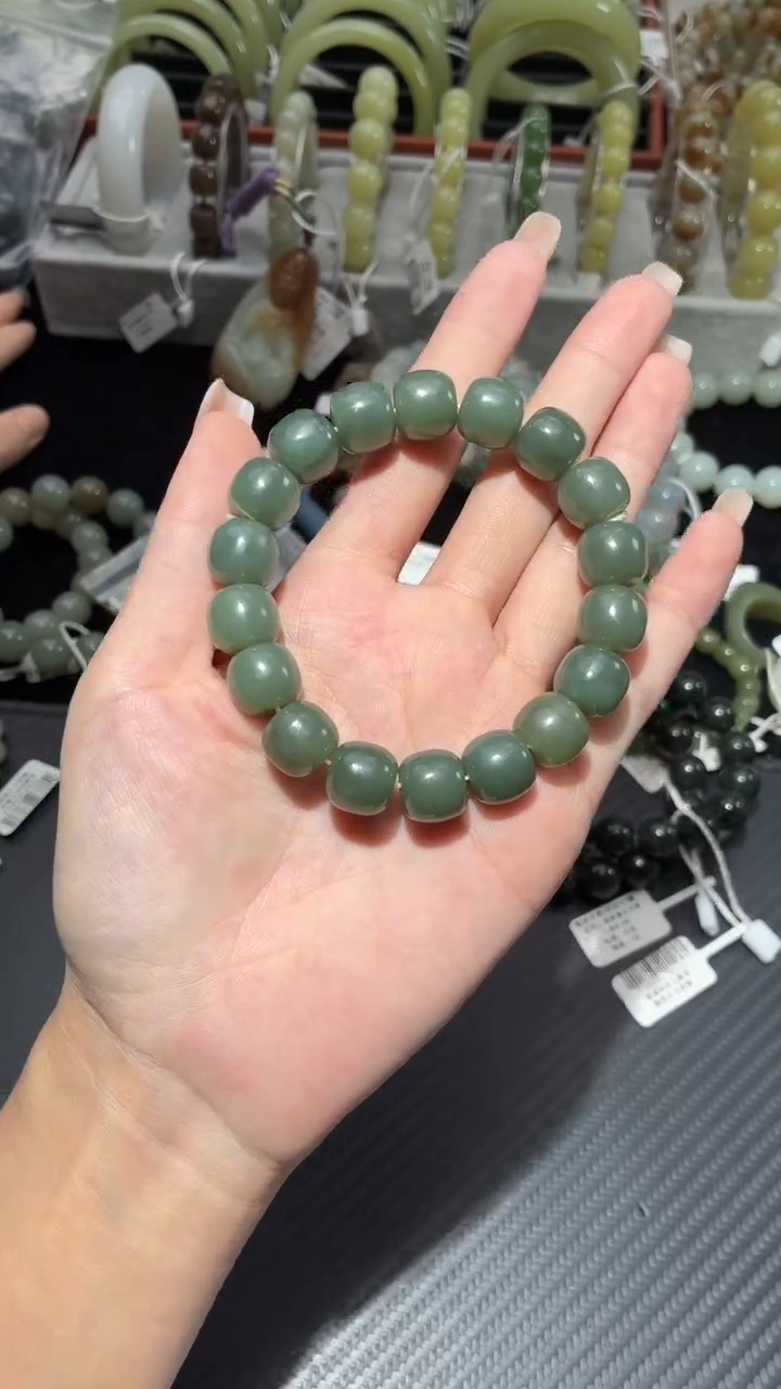 未镶嵌手串和田玉潜若羌微色差糖青玉卡12老型手串