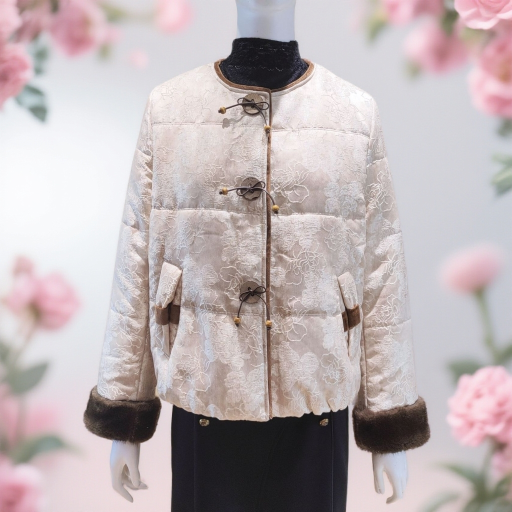 5016国风棉衣米色黄色时尚短款中式复古圆领提花秋冬加厚保暖