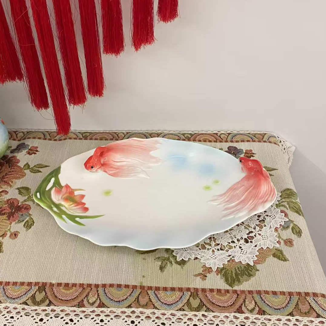 手绘珐琅瓷中式吉祥鱼寓意创意鱼盘家用釉下彩餐碟微波炉适用