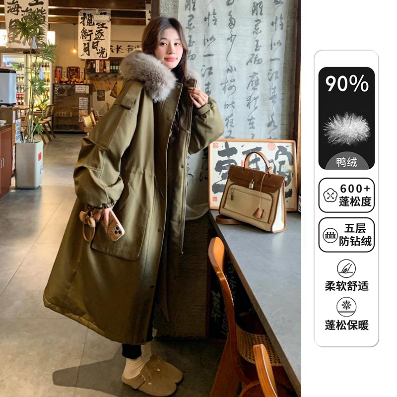 风衣羽绒服冬季新款大毛领连帽宽松加厚白鸭绒派克大衣女工装外套