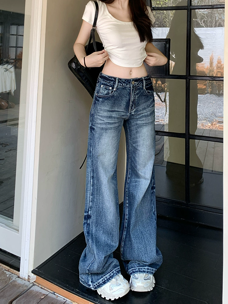 复古微喇牛仔裤女2025新款美式高街低腰宽松直筒加绒阔腿喇叭裤子