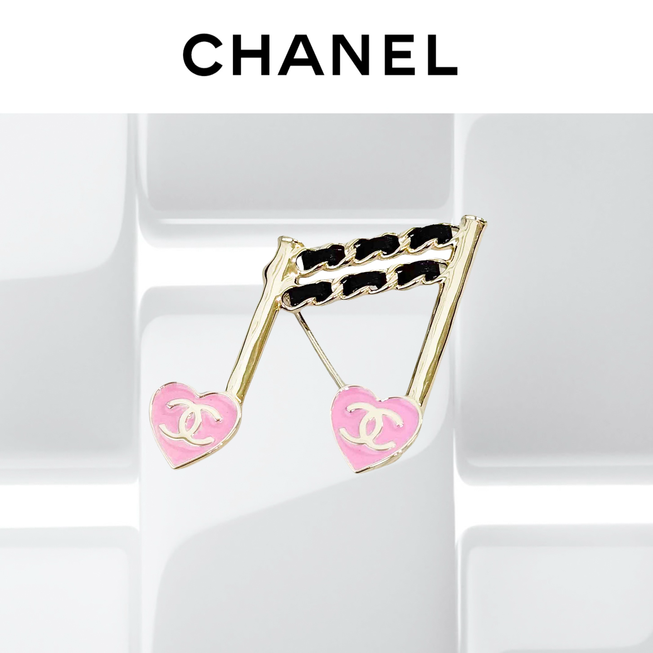 99新 Chanel/香奈儿 24A粉色珐琅爱心音符胸针