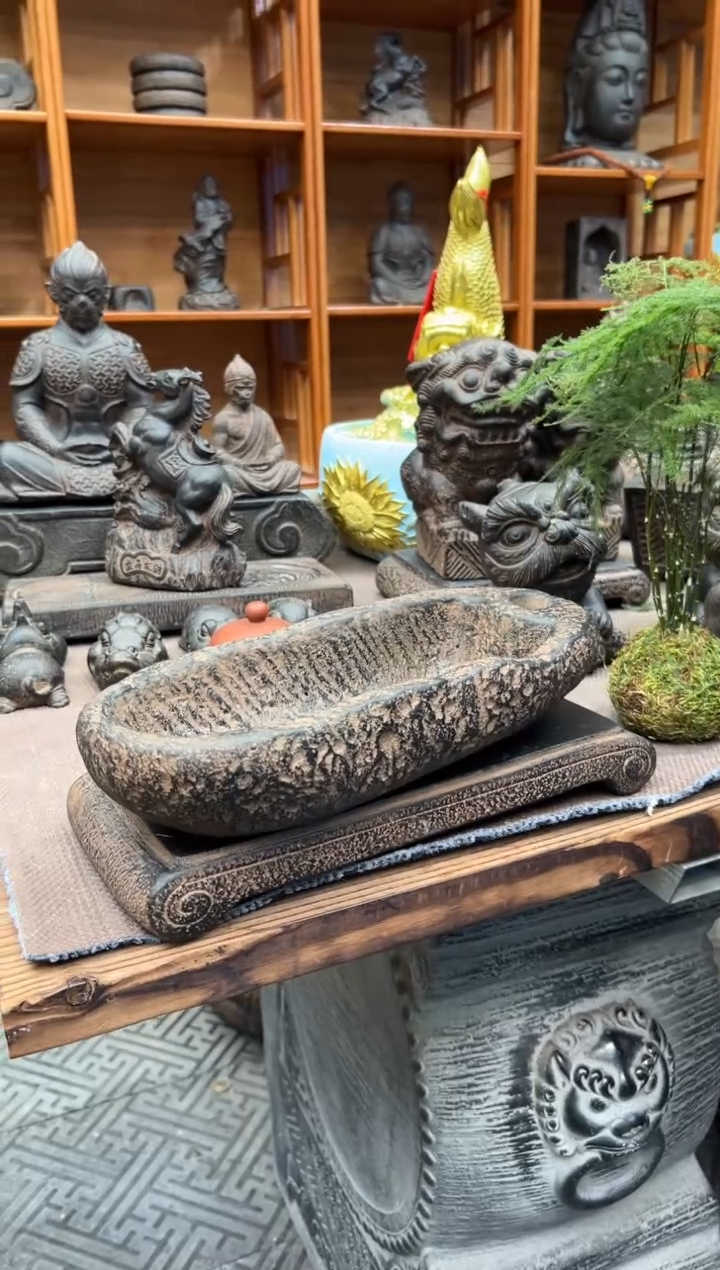 陶土【火山泥】牛槽盆+大江枫底座